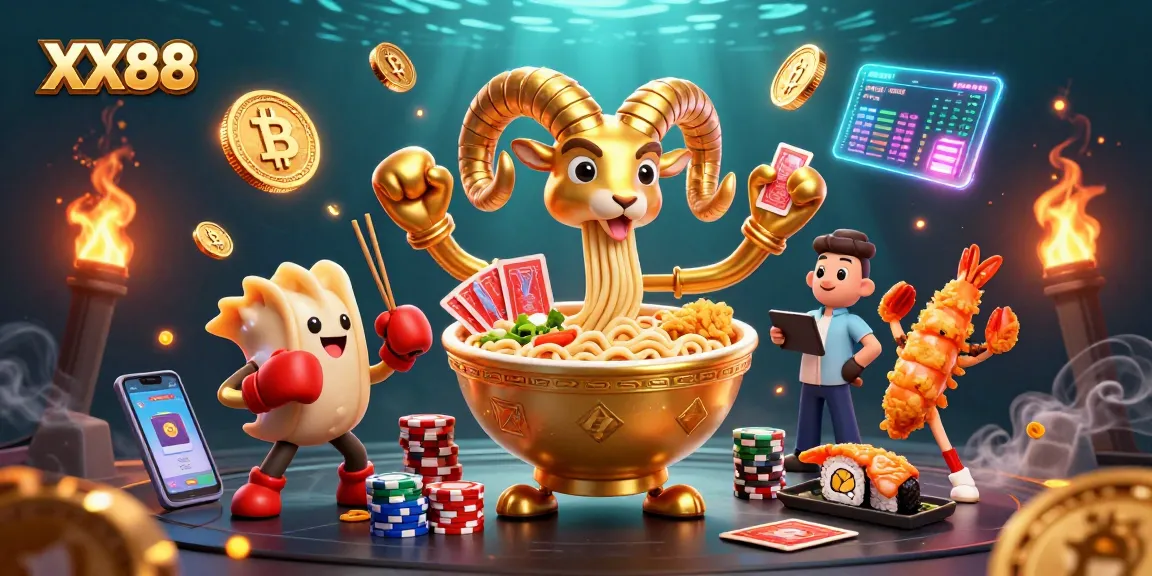 Experience the thrill of XX88 casino with vibrant 3D cartoon characters and crypto elements.