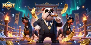 F8BET offers a thrilling casino experience with a vibrant illustration of a bulldog mafia boss surrounded by action.