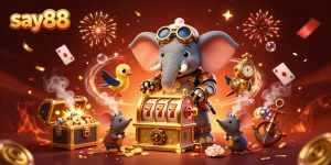 Experience thrilling slots at say88 with vibrant 3D illustration showcasing dynamic gameplay and rich casino elements.