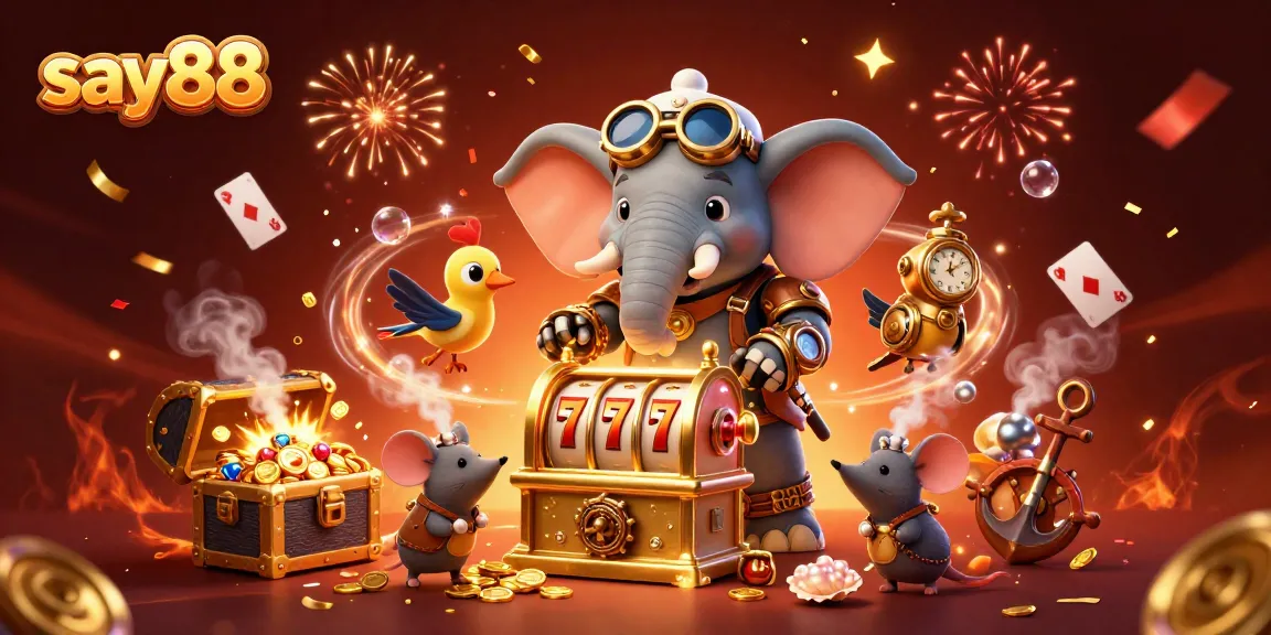 Experience thrilling slots at say88 with vibrant 3D illustration showcasing dynamic gameplay and rich casino elements.