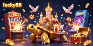 Experience thrilling wins with lucky88 in an ultra-detailed casino scene featuring a golden tortoise, jackpot slots, and dynamic visuals.