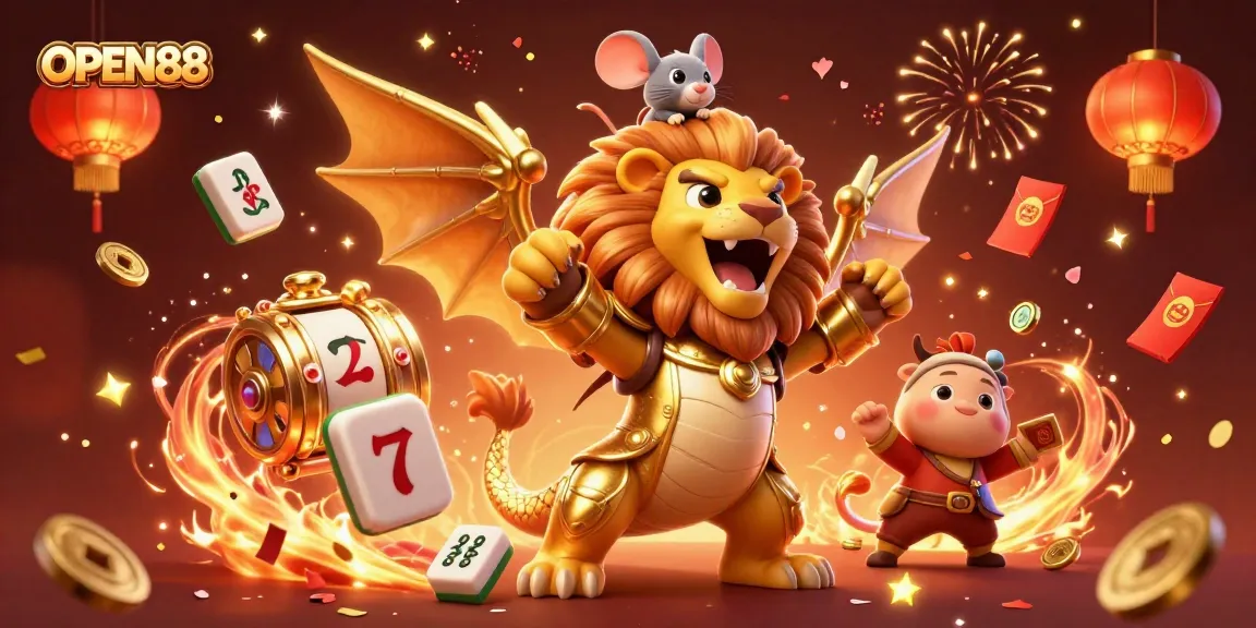 Experience the thrill of OPEN88 with vibrant 3D casino elements featuring a chimera and dynamic slot reels.