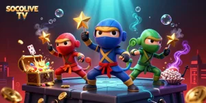 SOCOLIVE TV showcases a dynamic scene of colorful ninja chameleons performing martial arts amidst vibrant casino elements.