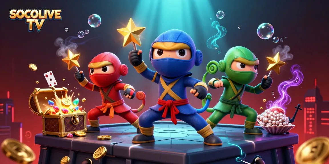 SOCOLIVE TV showcases a dynamic scene of colorful ninja chameleons performing martial arts amidst vibrant casino elements.