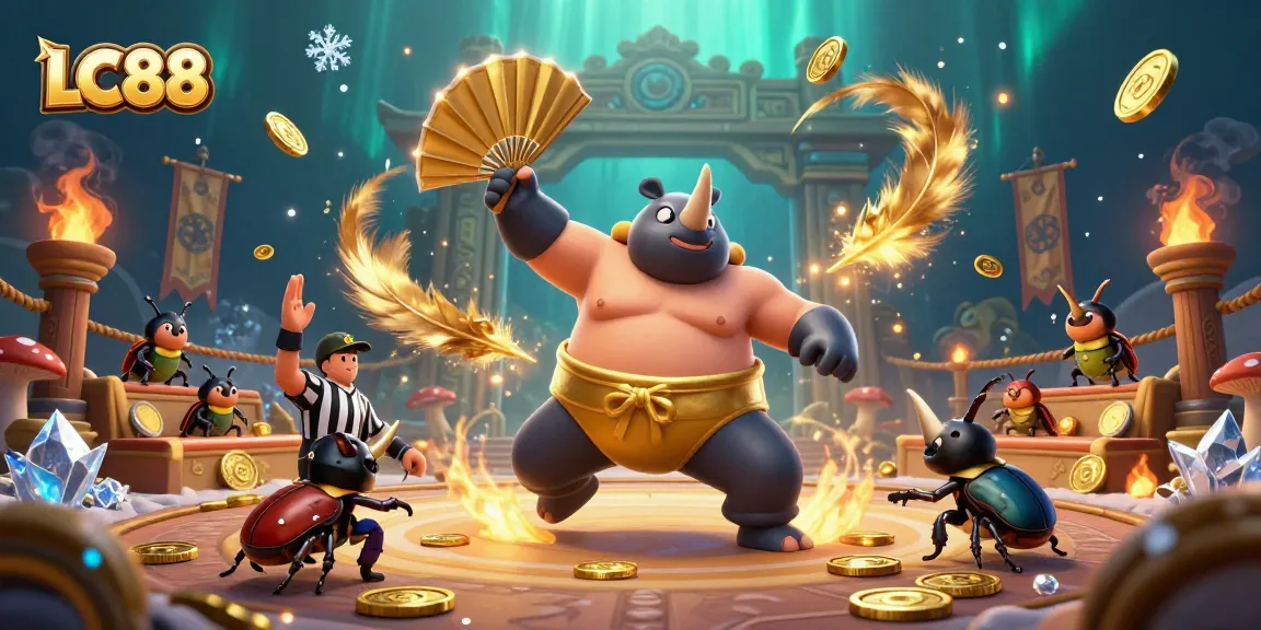 Watch LC88's exhilarating matches featuring a beetle champion amidst golden coins and vibrant elements.