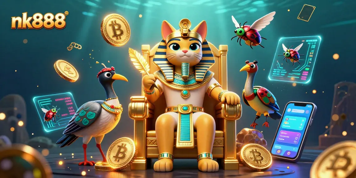 Experience thrilling gaming with nk888 featuring a pharaoh cat and rich casino elements.