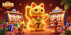 Experience the thrill of hb88 with a vibrant 3D illustration showcasing casino symbols and a lucky cat.