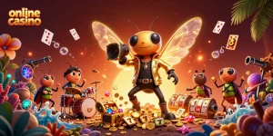 Engage in a vibrant online casino experience with a rock star cicada, slot reels, and treasures.