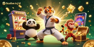 Socolive trực tiếp showcases an engaging scene with a kung fu tiger master, panda disciple, and monkey student amid dynamic casino elements.