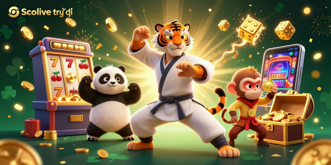 Socolive trực tiếp showcases an engaging scene with a kung fu tiger master, panda disciple, and monkey student amid dynamic casino elements.