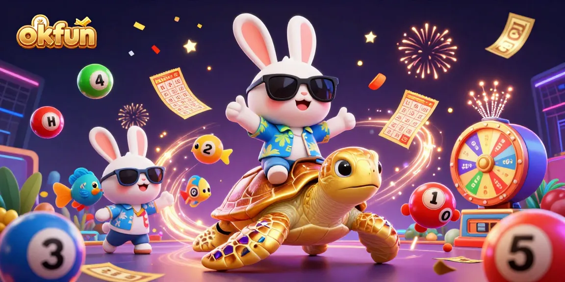 Experience excitement at okfun with a lucky rabbit and golden turtle amidst casino games.