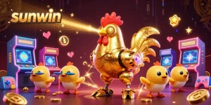 Experience the excitement of sunwin with vibrant 3D casino gaming, featuring a golden rooster robot and chick drones!