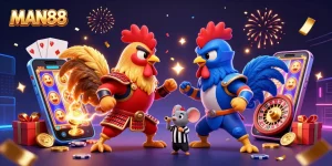 Engage with thrilling gameplay at MAN88 while witnessing an epic standoff between two cartoon roosters in an exciting betting scene.