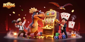 IK8386 slots come alive as a cartoon dinosaur celebrates a jackpot win!