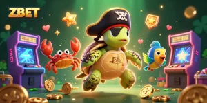 ZBET engages players with a lively scene featuring colorful game elements and vibrant characters in a gambling environment.