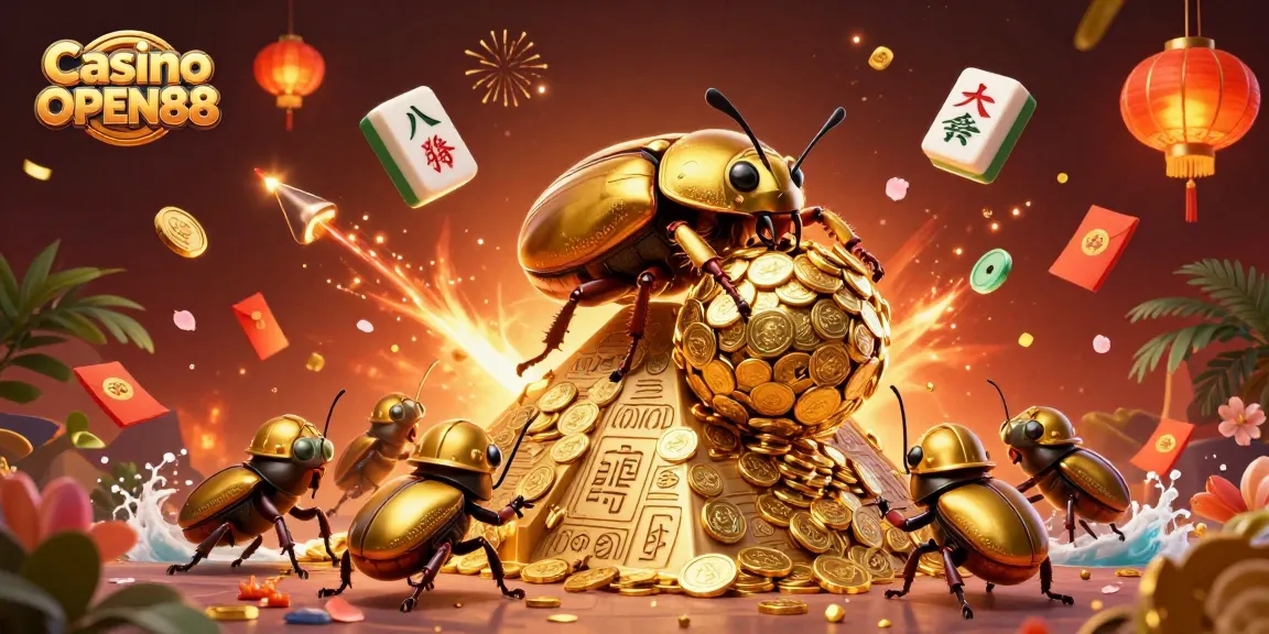 Engaging scene of increased luck at Casino OPEN88 with golden beetles and vibrant casino symbols.