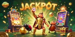 Witness uu88's thrilling jackpot scene with vibrant characters and dynamic casino elements.