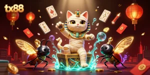 Experience the thrill of tx88 with a cartoon mummy cat in a vibrant casino scene, showcasing exciting gaming elements.