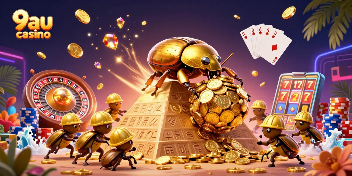 Explore the vibrant scene of a golden dung beetle at the 9au casino with dynamic casino elements.