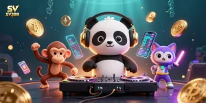 SV388 brings excitement with a DJ panda, dancing monkey, and glowing kitten in a vibrant casino scene.
