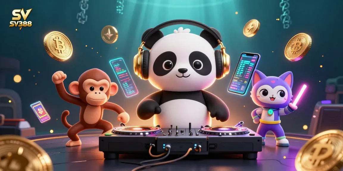 SV388 brings excitement with a DJ panda, dancing monkey, and glowing kitten in a vibrant casino scene.