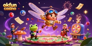 Engage with okfun casino's vibrant gaming world featuring a dragonfly pilot and celebrating characters.