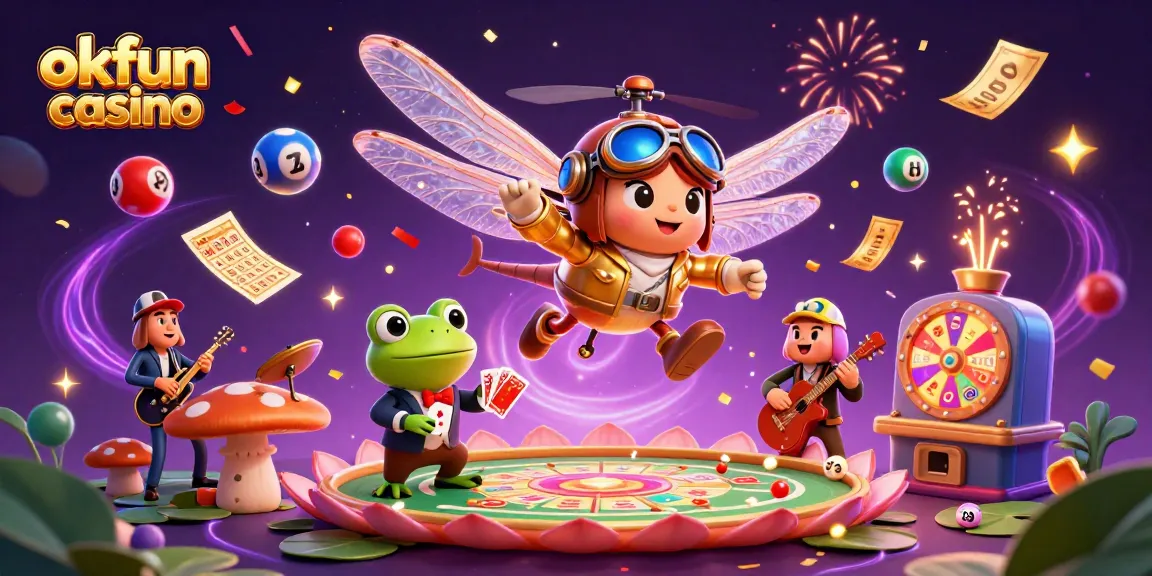 Engage with okfun casino's vibrant gaming world featuring a dragonfly pilot and celebrating characters.