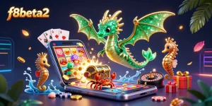 Experience the excitement of f8beta2 with a vibrant 3D scene featuring a sea dragon and casino games.
