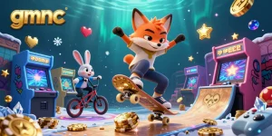 gmnc showcases a vibrant scene with a skateboarder fox and BMX rabbit, all amid exciting casino-themed elements.