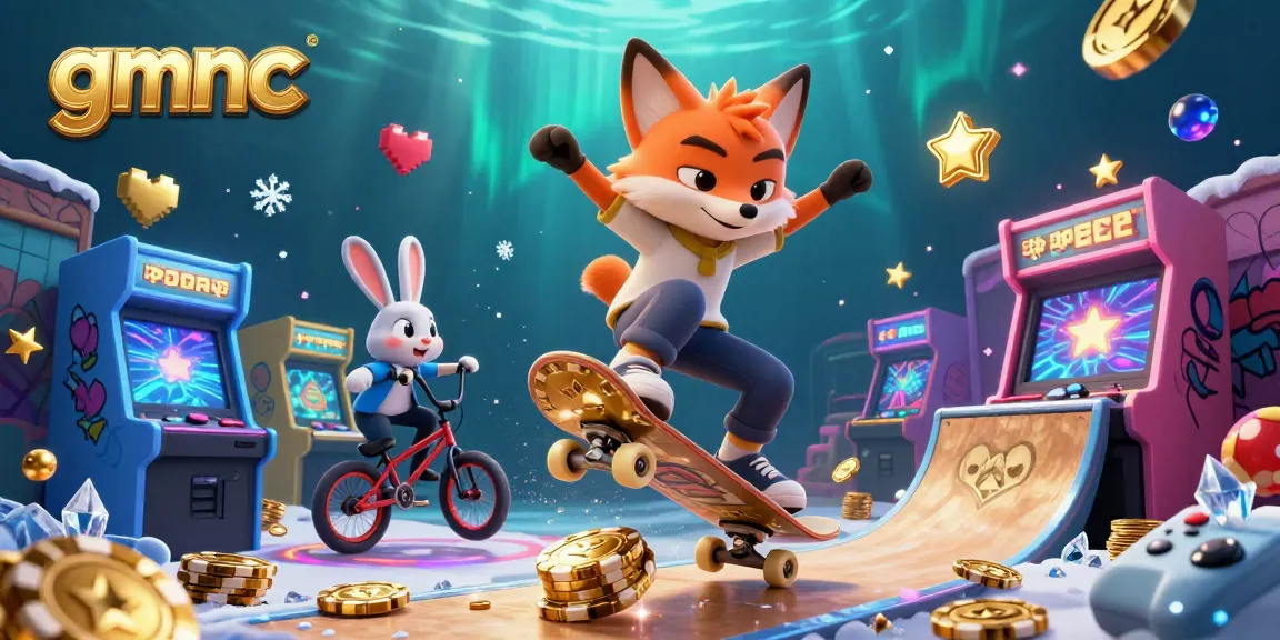 gmnc showcases a vibrant scene with a skateboarder fox and BMX rabbit, all amid exciting casino-themed elements.