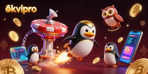 Engage with the thrilling experience of okvipro through a vibrant 3D casino scene featuring a golden penguin.