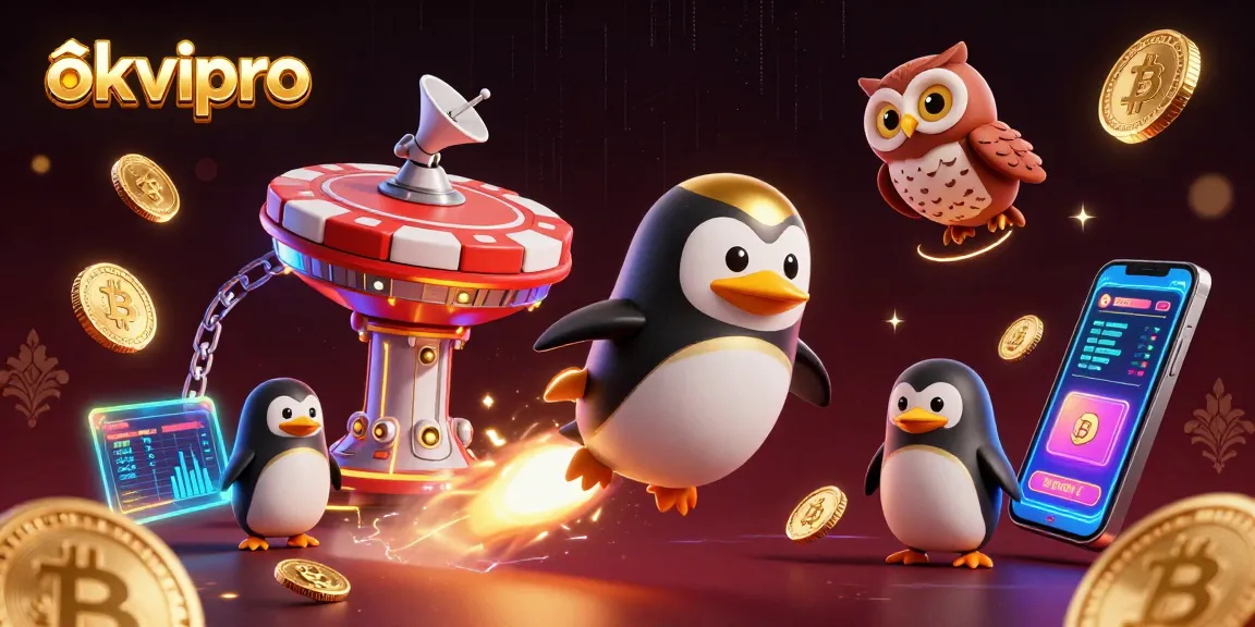 Engage with the thrilling experience of okvipro through a vibrant 3D casino scene featuring a golden penguin.