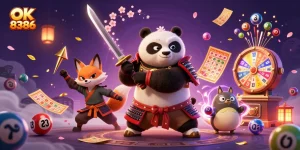 Experience the excitement of OK 8386 with a dynamic scene featuring cartoon samurai, ninja fox, and magical elements.