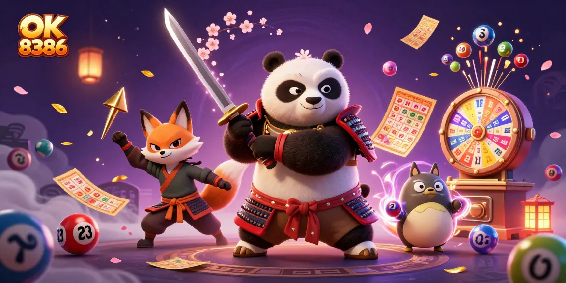 Experience the excitement of OK 8386 with a dynamic scene featuring cartoon samurai, ninja fox, and magical elements.