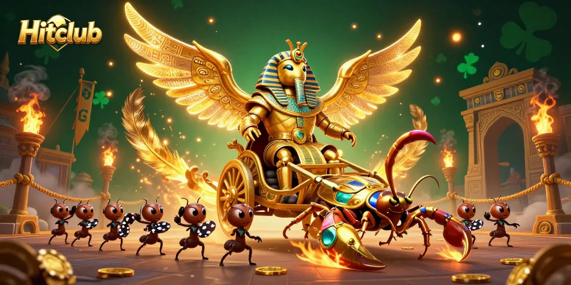 Hitclub offers an exhilarating gaming experience with a colossal scarab beetle, scorpions, and poker chips in an energetic casino scene.