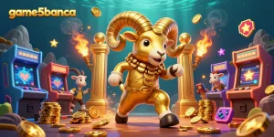 Enter the game5banca realm with a golden ram charging through a vibrant casino scene filled with arcade elements.