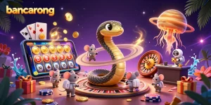 Bancarong: Place bets with exciting astronaut mice and cosmic dealer in a vibrant casino scene.