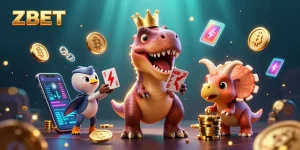 ZBET brings excitement as a cartoon T-Rex shuffles cards with coins and chips flying around