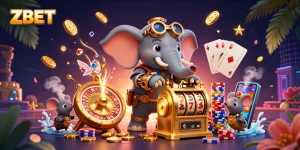 ZBET offers an engaging gaming experience with a steampunk elephant winning at a slot machine surrounded by casino elements.
