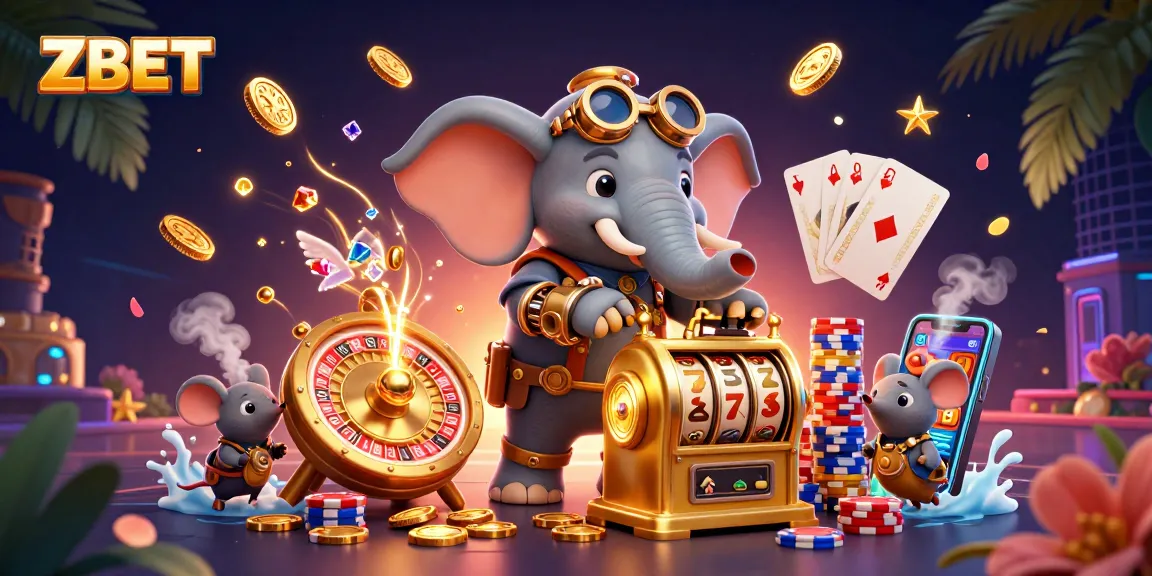 ZBET offers an engaging gaming experience with a steampunk elephant winning at a slot machine surrounded by casino elements.