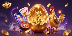 Win prizes with ok 9 in a thrilling 3D casino scene full of dragons and golden coins.