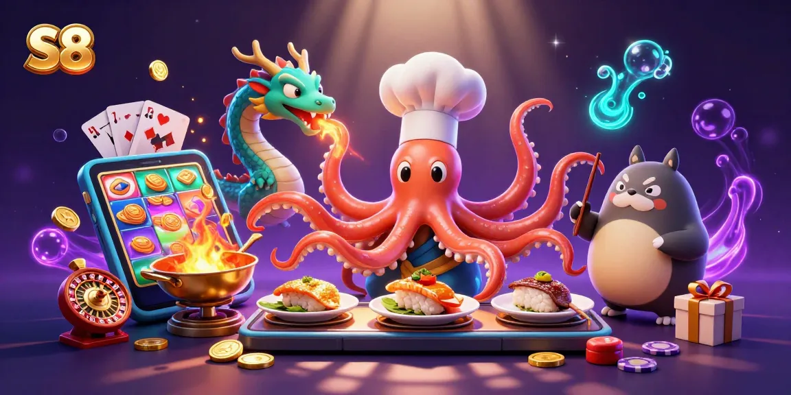 Watch exciting S8 gambling action in a vibrant scene featuring a sushi chef octopus and dragon.