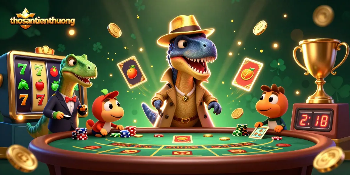 thosantienthuong features a velociraptor card counter and a stegosaurus pit boss in an exciting casino scene.