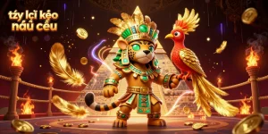 A dynamic scene with a Mayan jaguar priest, bird companion, and pyramid showcasing tỷ lệ kèo nhà cái within a rich sports betting arena.