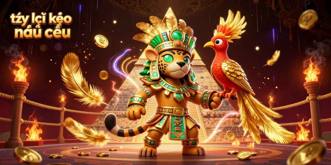 A dynamic scene with a Mayan jaguar priest, bird companion, and pyramid showcasing tỷ lệ kèo nhà cái within a rich sports betting arena.
