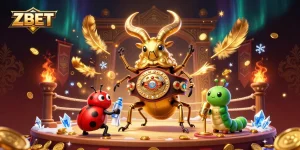 ZBET showcases a vibrant, dynamic casino scene with a golden stag beetle champion and ladybug corner-man.