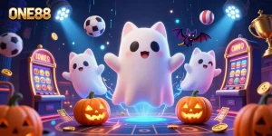 Engage with thrilling ONE88 gaming as a friendly ghost cat haunts a vibrant casino scene filled with exciting elements.