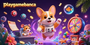Engage with playgamebanca's thrilling casino experience featuring a vibrant 3D scene of gaming excitement.