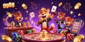 Join the fun at gg88's vibrant comedy casino where hyenas entertain, mixing drinks, and checking IDs amidst golden coins and big jackpots.