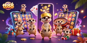 Experience excitement at tt88 with meerkats orchestrating a vibrant casino scene amidst gold coins and slot games.